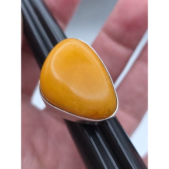 Vintage Sterling Silver 925 Egg Yolk Butterscotch Ring Amber Adjustable Size 9